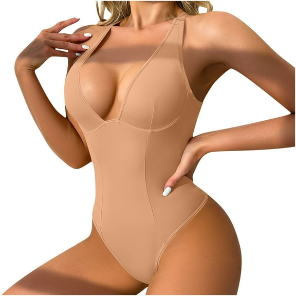 Ugoldhm Women's Deep V-Neck Bodysuit - Double Straps Tummy Control Thong Shapewear Backless Cami