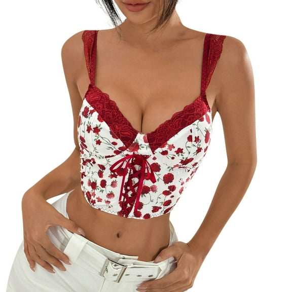 Ugoldhm Women's Lace Floral Corset - Sleeveless V-Neck Strap Bustier Going Out Party Crop Top
