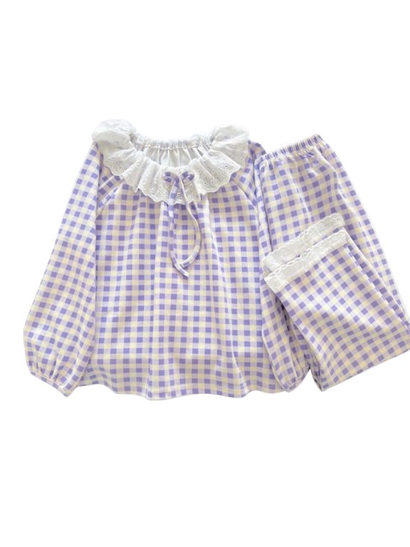 Women's Lace-Trimmed Crew Neck Checkered Long Sleeve Pajama Set with Long Pants Sweet Checkered Loose Fit 2PC Loungewear Set