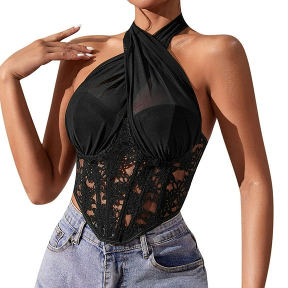 Ugoldhm Women's Mesh Floral Lace Corset Top - Criss Cross Halter Tie Knot Crop Backless Bustier
