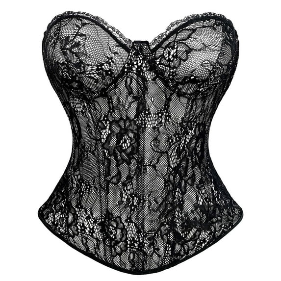 Ugoldhm Women's Overbust Lace-Up Corset Top - Breathable Sheer Lingerie Bustier Bodyshaper
