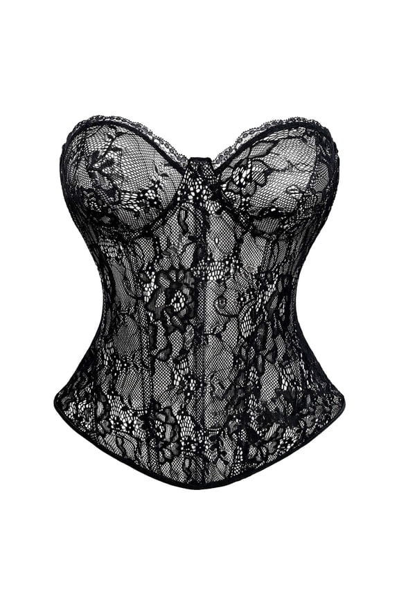 Women's Overbust Lace-Up Corset Top - Breathable Sheer Lingerie Bustier Bodyshaper