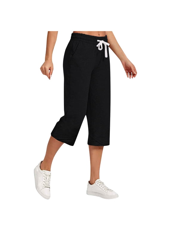 Capri Pants for Women Summer Linen Wide Leg High Waisted Drawstring Capris Lightweight Elastic Cropped Pants
