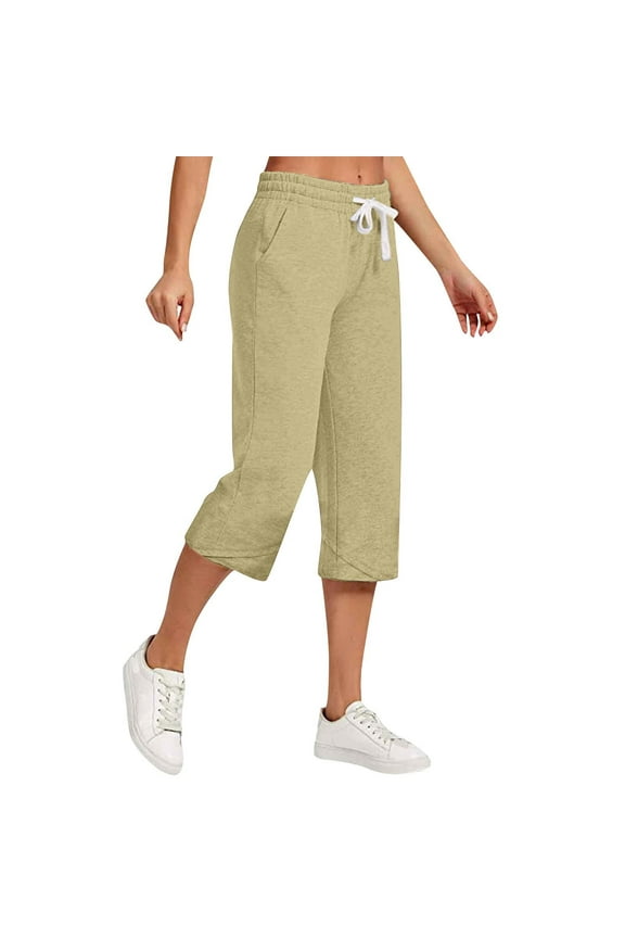 Capri Pants for Women Summer Linen Wide Leg High Waisted Drawstring Capris Lightweight Elastic Cropped Pants