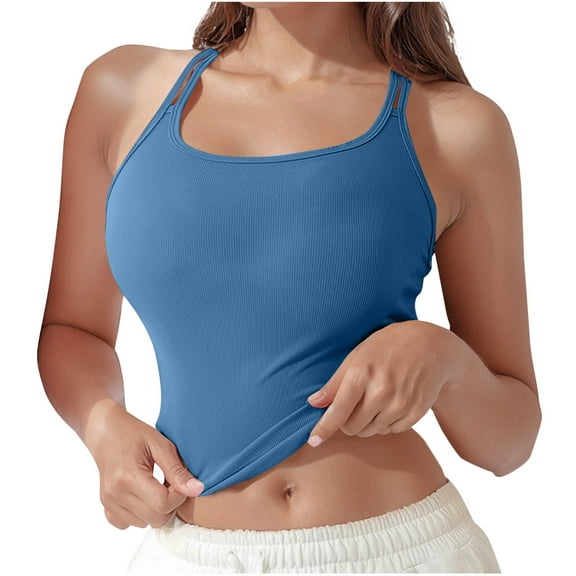 Ugoldhm Women's Ribbed Shapewear Tank Top - U-Neck Crisscross Back Crop Workout Casual Padded Camisole