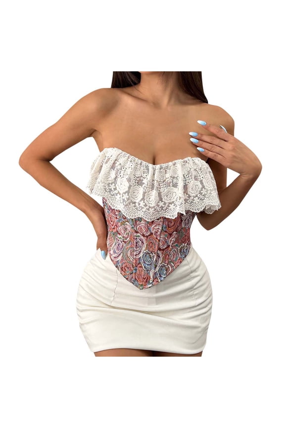 Women's Ruffle Embroidered Lace Corset - Strapless Bow Tie Going Out Bustier Crop Top