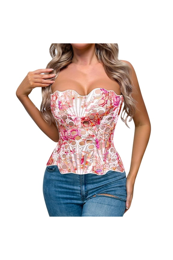 Women's Sexy Strapless Corset Top - Hollow Overbust Bustier Crop Tube Top for Clubwear