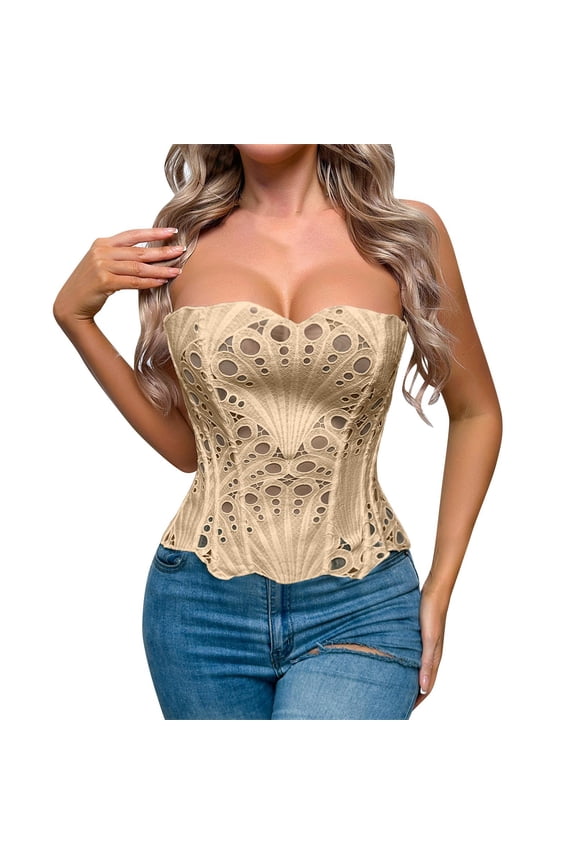 Women's Sexy Strapless Corset Top - Hollow Overbust Bustier Crop Tube Top for Clubwear