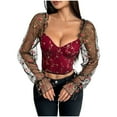 thumbnail image 1 of Ugoldhm Women's Sheer Mesh Long Sleeve Corset - Floral Embroidered V-Neck Lace-Up Backless Bustier, 1 of 5
