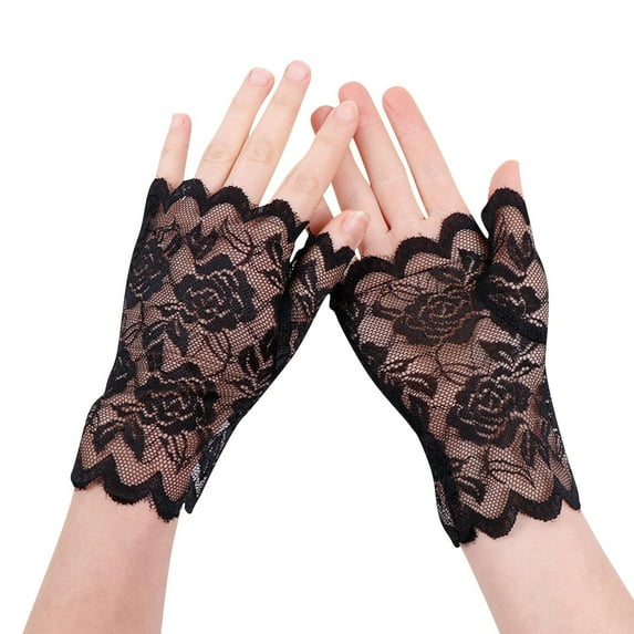 Ugoldhm Women's Short Lace Gloves, Fingerless Wrist-Length Gloves for Wedding & Party