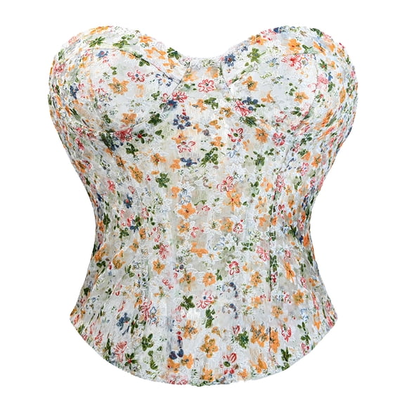 Ugoldhm Women's Strapless Corset Top - Fishbone Overbust Floral Embroidered Bustier Crop Tube Top