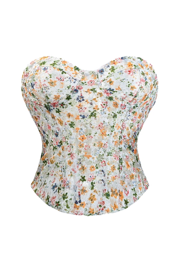 Women's Strapless Corset Top - Fishbone Overbust Floral Embroidered Bustier Crop Tube Top
