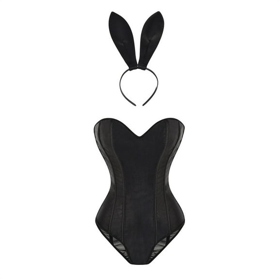 Ugoldhm Women's Strapless Overbust Corset Bodysuit - Lingerie Set with Bunny Ears Hair Band