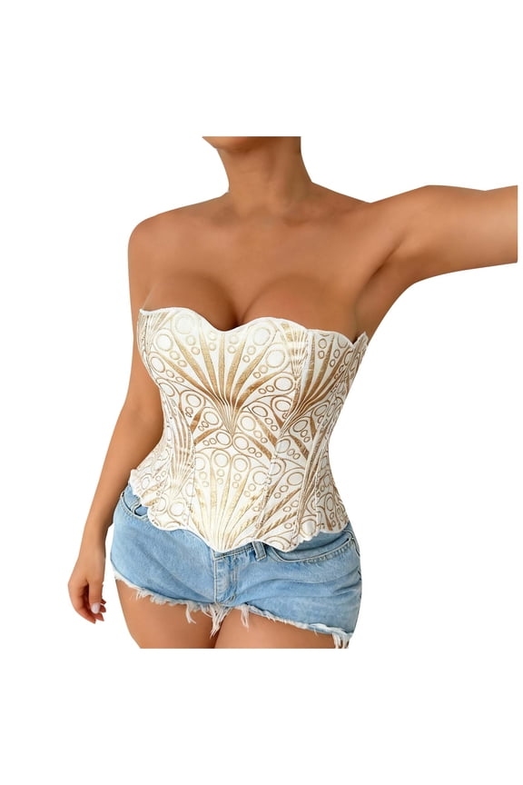 Women's Strapless Sheer Corset Top - Sexy Lace See-Through Overbust Bustier Party Crop Top