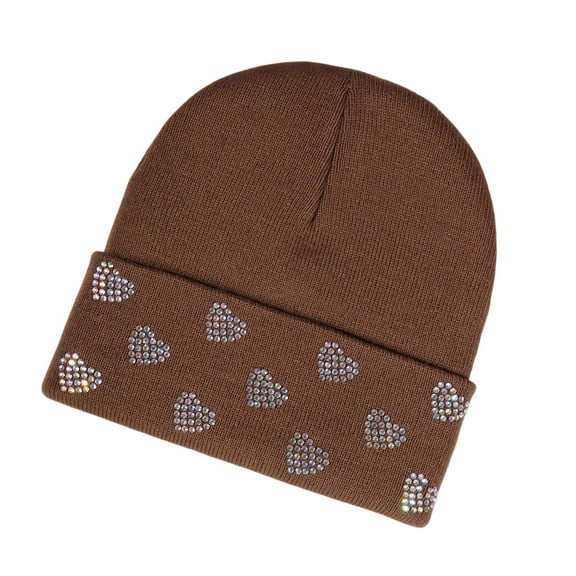 Ugoldhm Womens Trendy Rhinestone Heart Beanie - Knit Cuffed Soft Winter Warm Cut Hat for Outdoor