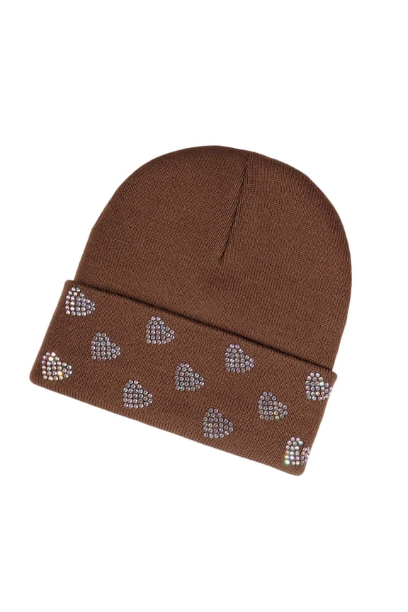 Womens Trendy Rhinestone Heart Beanie - Knit Cuffed Soft Winter Warm Cut Hat for Outdoor
