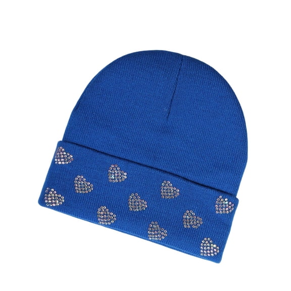 Ugoldhm Womens Trendy Rhinestone Heart Beanie - Knit Cuffed Soft Winter Warm Cut Hat for Outdoor