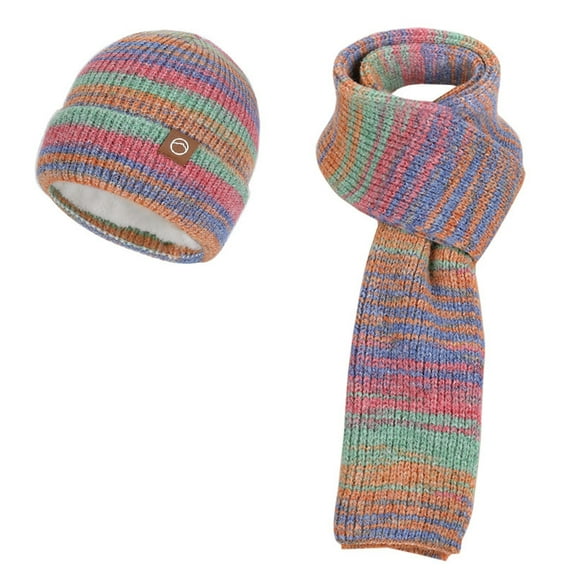 Ugoldhm Womens Winter Warm 2 Piece Set - Colorful Stripe Beanie Hat and Knit Long Scarf for Cold Weather