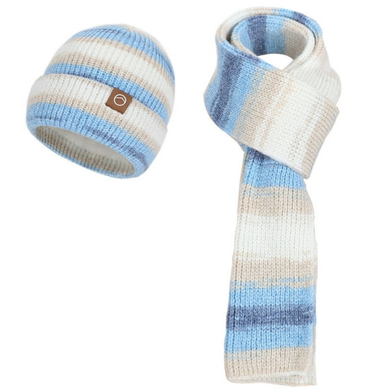 Ugoldhm Womens Winter Warm 2 Piece Set - Colorful Stripe Beanie Hat and Knit Long Scarf for Cold Weather