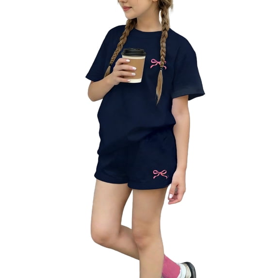 Ugoldhm Youth Girls Summer Casual Set, Bow T-Shirt & Elastic Waist Shorts, Breathable Soft Matching Set for 3-14 Years
