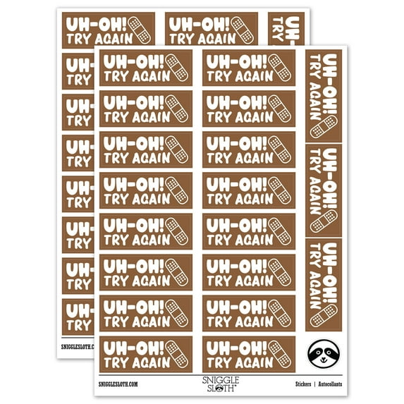 Uh-Oh Try Again Teacher Student School Sticker Set - Brown - Matte Finish - 2.00" Large