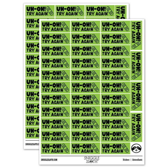 Uh-Oh Try Again Teacher Student School Sticker Set - Light Green - Matte Finish - 1.5" Small