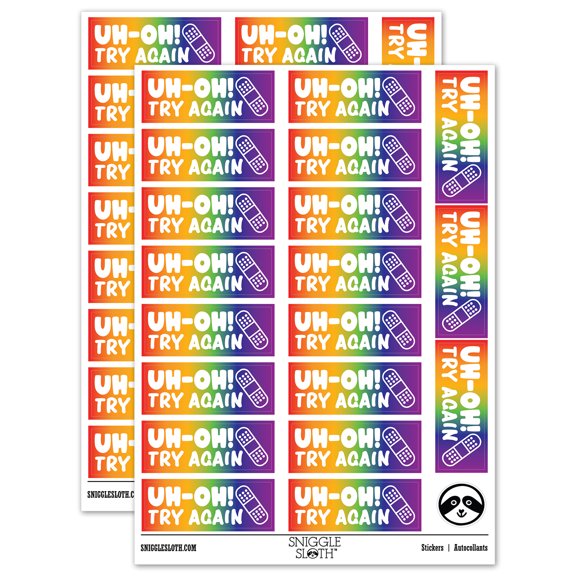 Uh-Oh Try Again Teacher Student School Sticker Set - Rainbow - Matte Finish - 2.00" Large