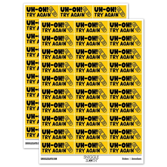Uh-Oh Try Again Teacher Student School Sticker Set - Yellow - Gloss Finish - 1.75" Medium
