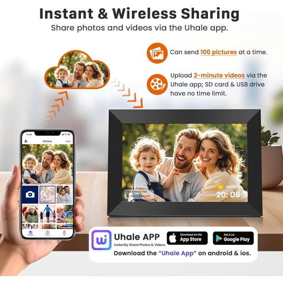 Uhale Digital Picture Frame WiFi 10.1 Inch HD IPS Touch Screen with 32GB Storage, Auto Rotate & Slideshow for Home Decor