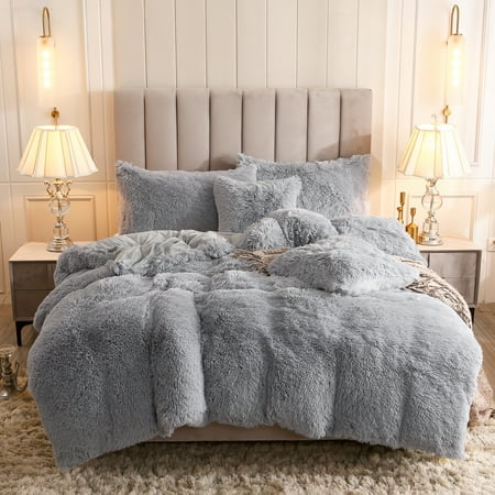 Uhamho 2 Piece Faux Fur Bedding Duvet Cover Set, Solid Comforter Cover Quilt Cover with Pillowcase, Twin, Light Gray