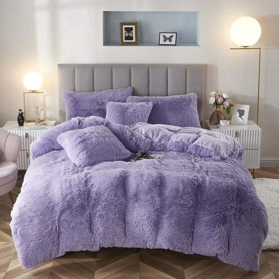 Uhamho 2 Piece Faux Fur Bedding Duvet Cover Set, Solid Comforter Cover Quilt Cover with Pillowcase, Twin, Lilac
