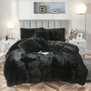 Uhamho 2 Piece Faux Fur Bedding Duvet Cover Set, Solid with Pillowcase, Twin, Black