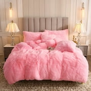 Uhamho Faux Fur Modern Pink Solid Print Luxury Polyester Duvet Cover Sets, Queen