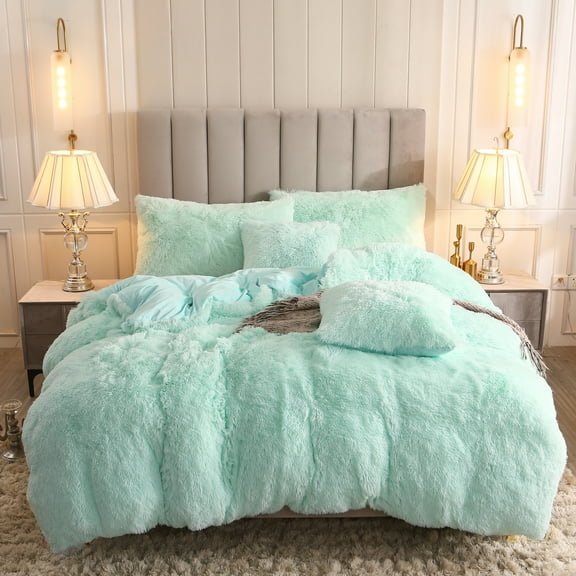 Uhamho Faux Fur Velvet Fluffy Bedding Duvet Cover Set Down Comforter Quilt Cover with Pillow Shams, Aqua