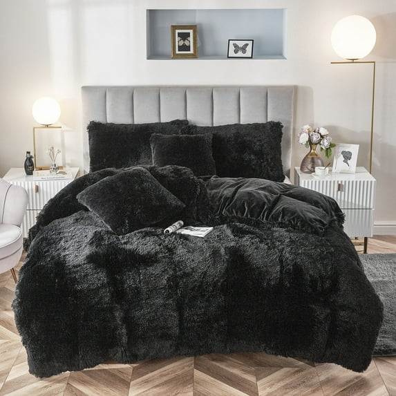Uhamho Faux Fur Velvet Fluffy Bedding Duvet Cover Set Down Comforter Quilt Cover with Pillow Shams, Ultra Soft Warm, Black