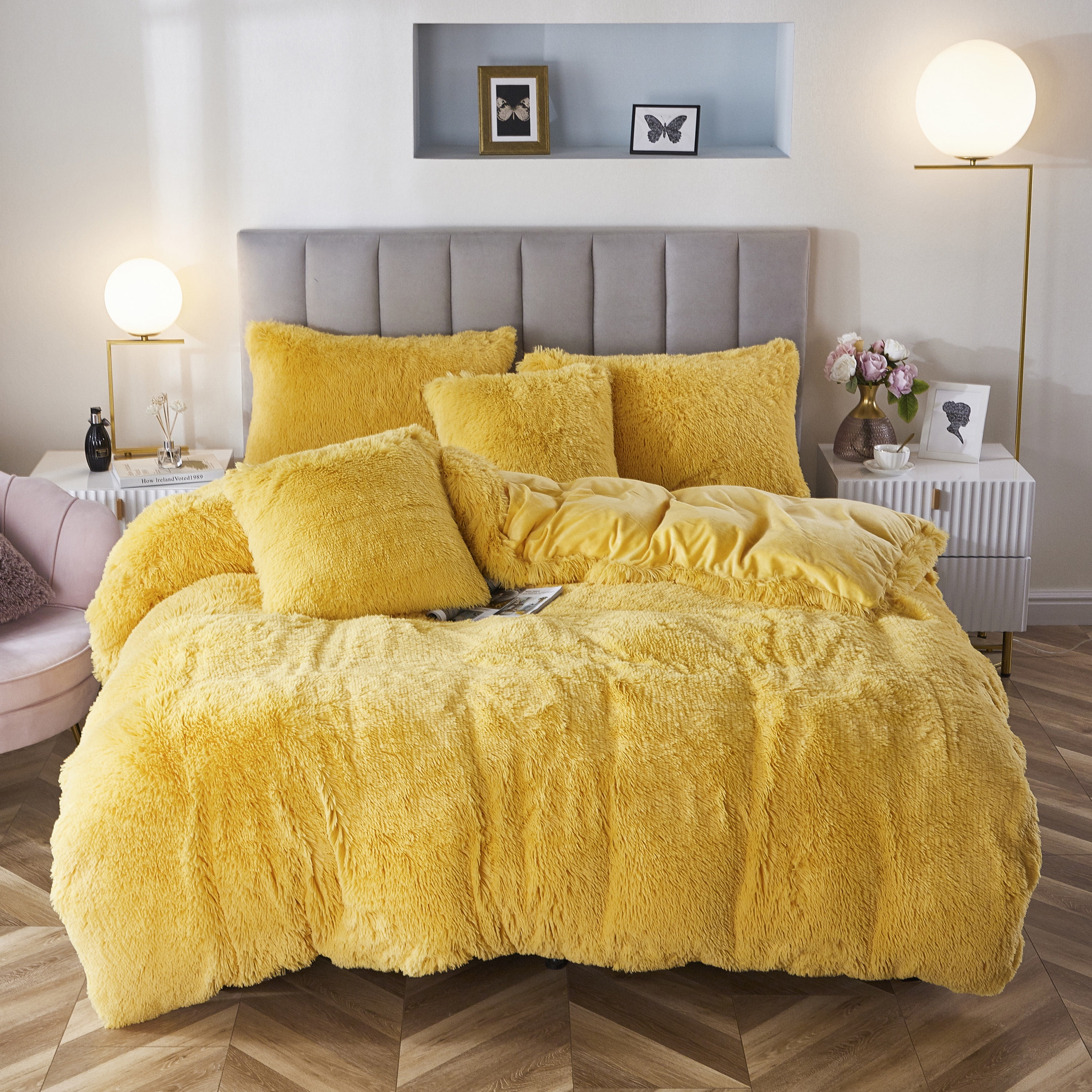 Uhamho Faux Fur Velvet Fluffy Bedding Duvet Cover Set Down Comforter Quilt Cover with Pillow Shams Ultra Soft Warm King Lemon Yellow Walmart