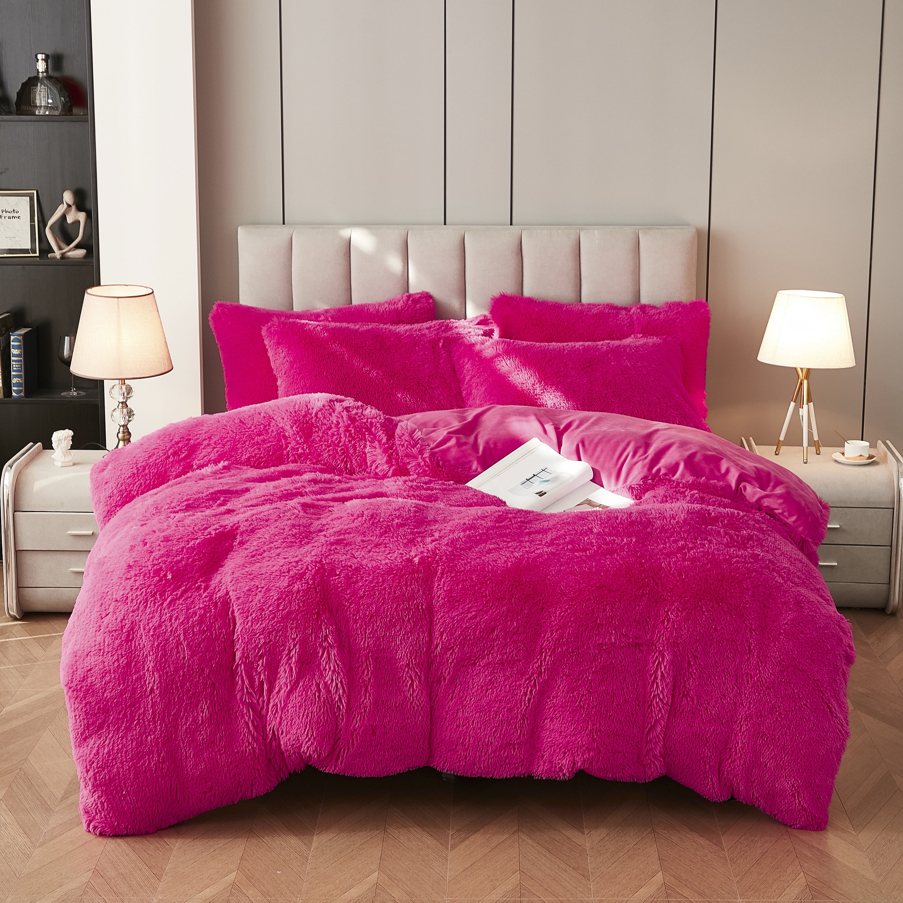 Uhamho Shaggy Plush Fuzzy Faux Fur Bedding Set, Velvet Duvet Cover