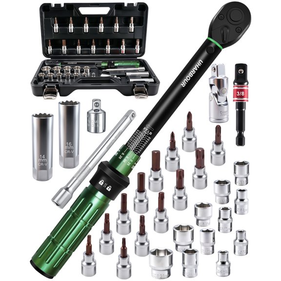 Uharbour 3/8" Drive Torque Wrench 5-50 Ft-Lb with Bits & Sockets 72-Tooth Dual-Direction Ratchet Click Wrench Set for Car, Moto & Bicycle