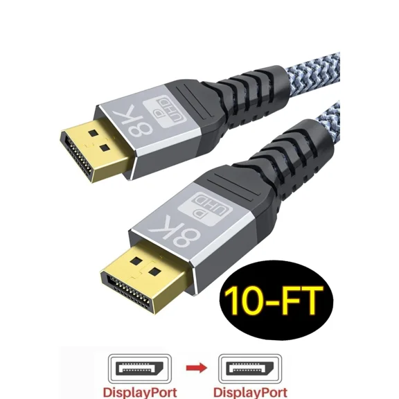 Uhd 8K Displayport 10Ft Cable 8K@60Hz, 4K@144Hz32.4Gbps, Hdr, Hbr3 Dp To Dp Cord