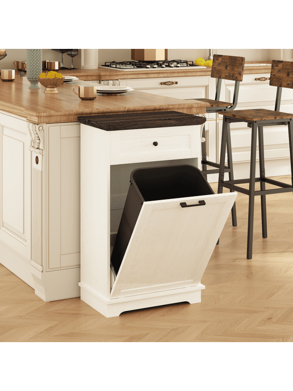 10 Gallon Tilt Out Trash Cabinet, Freestanding Kitchen Garbage Can Storage Cabinet with Drawer, Hidden Trash Bin Holder, Pet Proof Recycling Cabinet, Wood Trash Can Cabinet for Kitchen, Bathroom