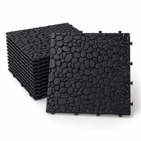 12 PCS Black Interlocking Deck Tiles, 12 x 12 Inch Waterproof Plastic Outdoor Flooring Tiles with Pebble Stone Pattern, Snap Together Patio Tiles for Balcony, Porch, Bathroom, Shower, Garden, Walkway