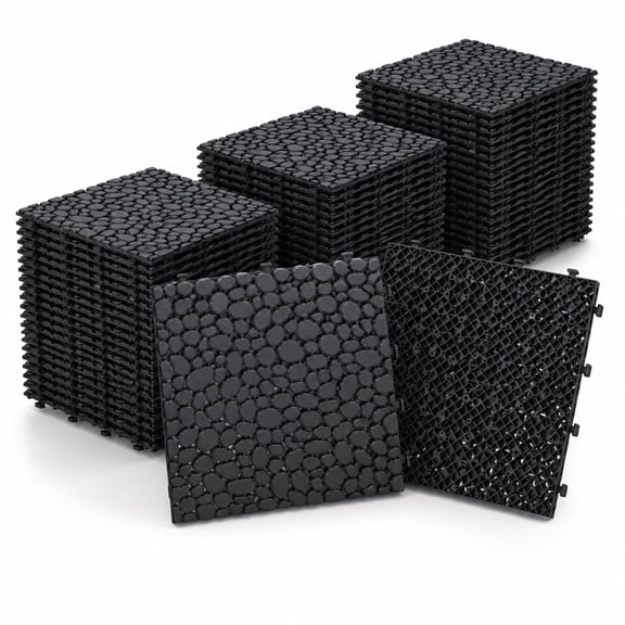 60 PCS Black Interlocking Deck Tiles, 12 x 12 Inch Waterproof Plastic Outdoor Flooring Tiles with Pebble Stone Pattern, Snap Together Patio Tiles for Balcony, Porch, Bathroom, Shower, Garden, Walkway