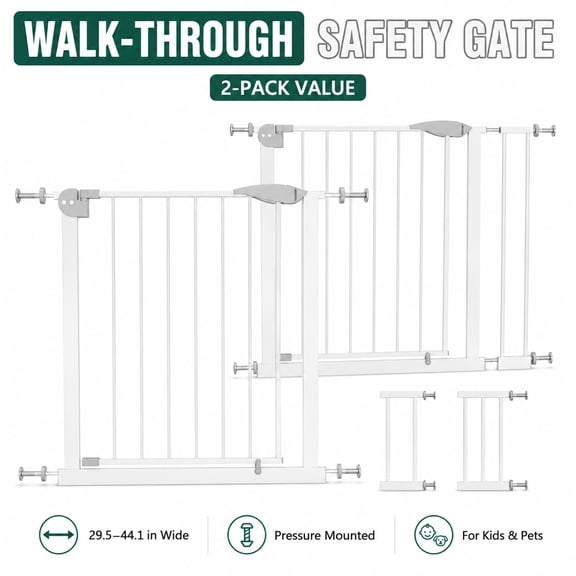 2 Pack Baby Gate for Stairs, 29.5"-44.1" Adjustable Pressure Mounted Safety Gate, Indoor Dog Gate for Doorways and Hallways, No Drill Walk Through Child Pet Gate with Double Lock, White
