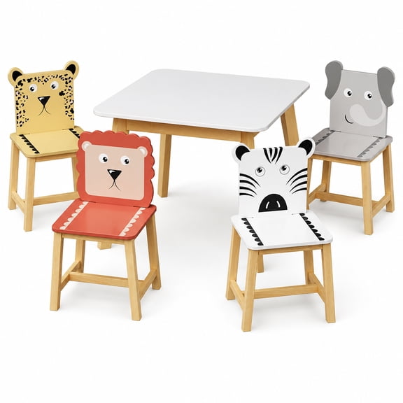 5 Piece Kids Table and Chair Set, Wooden Activity Table with 4 Chairs, Cartoon Animal Children Furniture Set for Arts Crafts, Reading, Learning and Playing, Kids Furniture for Ages 3-8, White