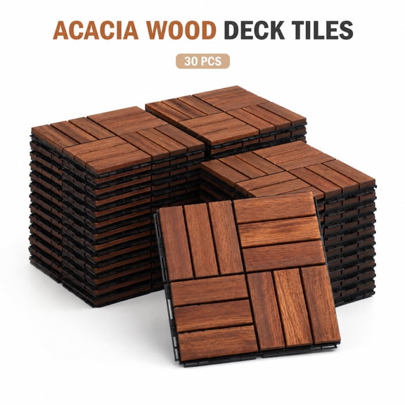 30 PCS Acacia Wood Interlocking Deck Tiles, 12" x 12" Checker Pattern Outdoor Flooring Tiles, Waterproof Patio Decking for Garden, Balcony, Porch, Poolside, Backyard and Outdoor Spaces