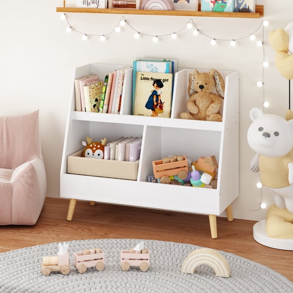 Kids Bookshelf and Toy Organizer, 5 Cubby Wooden Bookcase with 2-Tier Storage Bins, Freestanding Children Book Shelf with Pine Legs, Baby Toy Storage Display Cabinet for Playroom Bedroom Nursery
