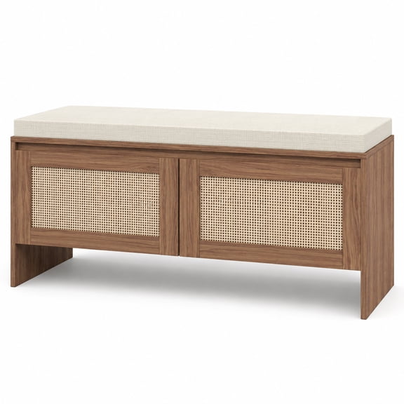 PP Rattan Shoe Storage Bench with Cushion Seat, Entryway Storage Bench with 2 Doors, Faux Wicker Shoe Cabinet Organizer, Mid-Century Modern Wood Bench for Hallway, Mudroom, Bedroom, Natural Finish