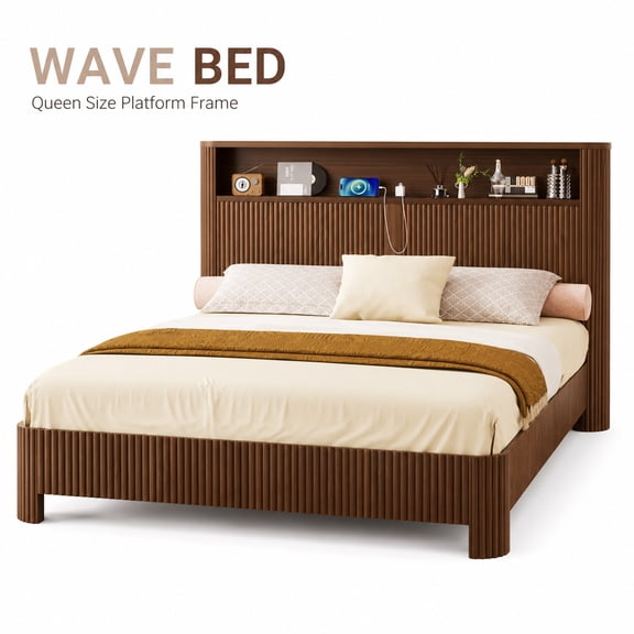 Queen Bed Frame with Storage Headboard and Charging Station, Modern Wave Curved Design Platform Bed with Metal Support System, Silent Wooden Slat Bed Frame, Walnut