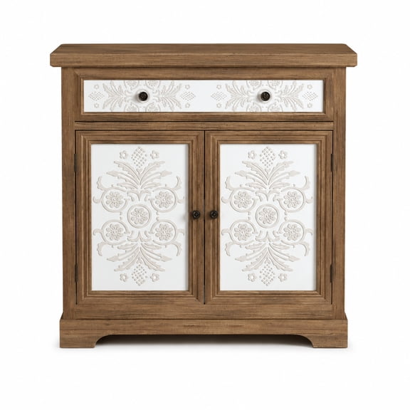 Rustic Vintage Accent Cabinet with Carved Floral Doors, Farmhouse Storage Sideboard with Drawer and Adjustable Shelves, Distressed Wood Cabinet for Living Room Entryway Bedroom - Antique Brown White