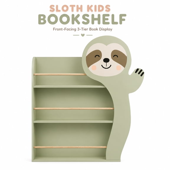Sloth Kids Bookshelf, Cute Animal Front-Facing Toddler Book Display Rack with 3-Tier Wooden Shelves, Nursery Reading Organizer with Anti-Tip Design for Playroom, Bedroom, Reading Corner, Sage Green